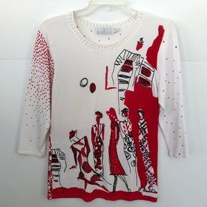 Beta's Choice Red/White Beaded Front 3/4-sleeve Top S